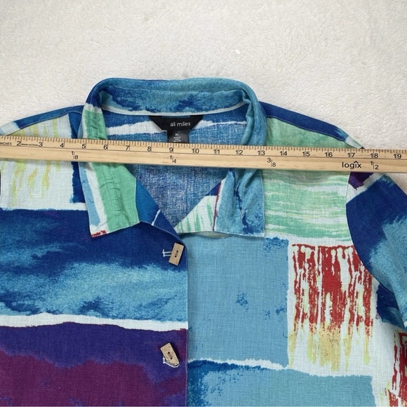 Ali Miles Green Blue Artsy Print Blouse Linen Lagenlook Button Front Top Size XL - Picture 7 of 11
